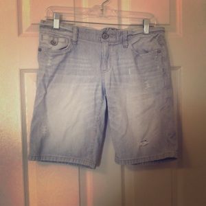 Distress pinstripe jean shorts